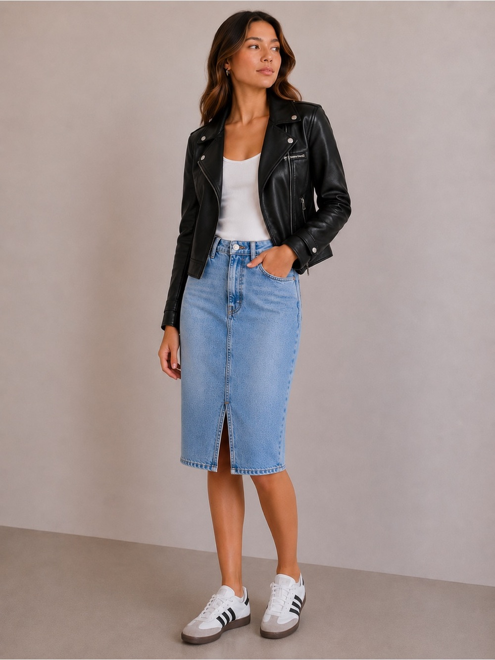 Zara-sz Medium-Blue Denim Midi Skirt w Front Slit, Summer Must Have!